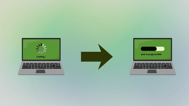 Two laptops side by side: one shows a progress bar loading, the other only a spinning loader illustrating Polling vs WebSocket.